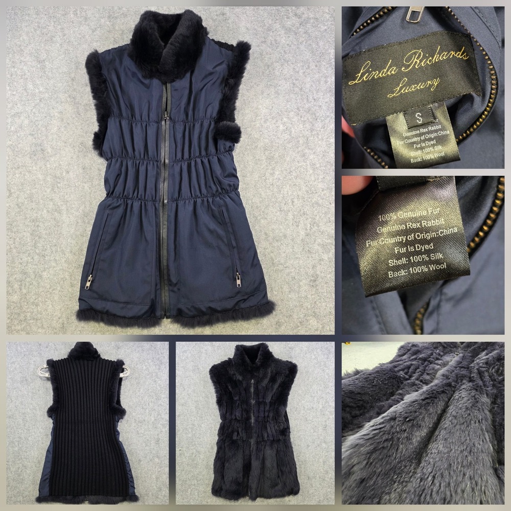 Linda Richards Vest Womens S Blue Rex Rabbit Fur Silk Wool Knit Reversible